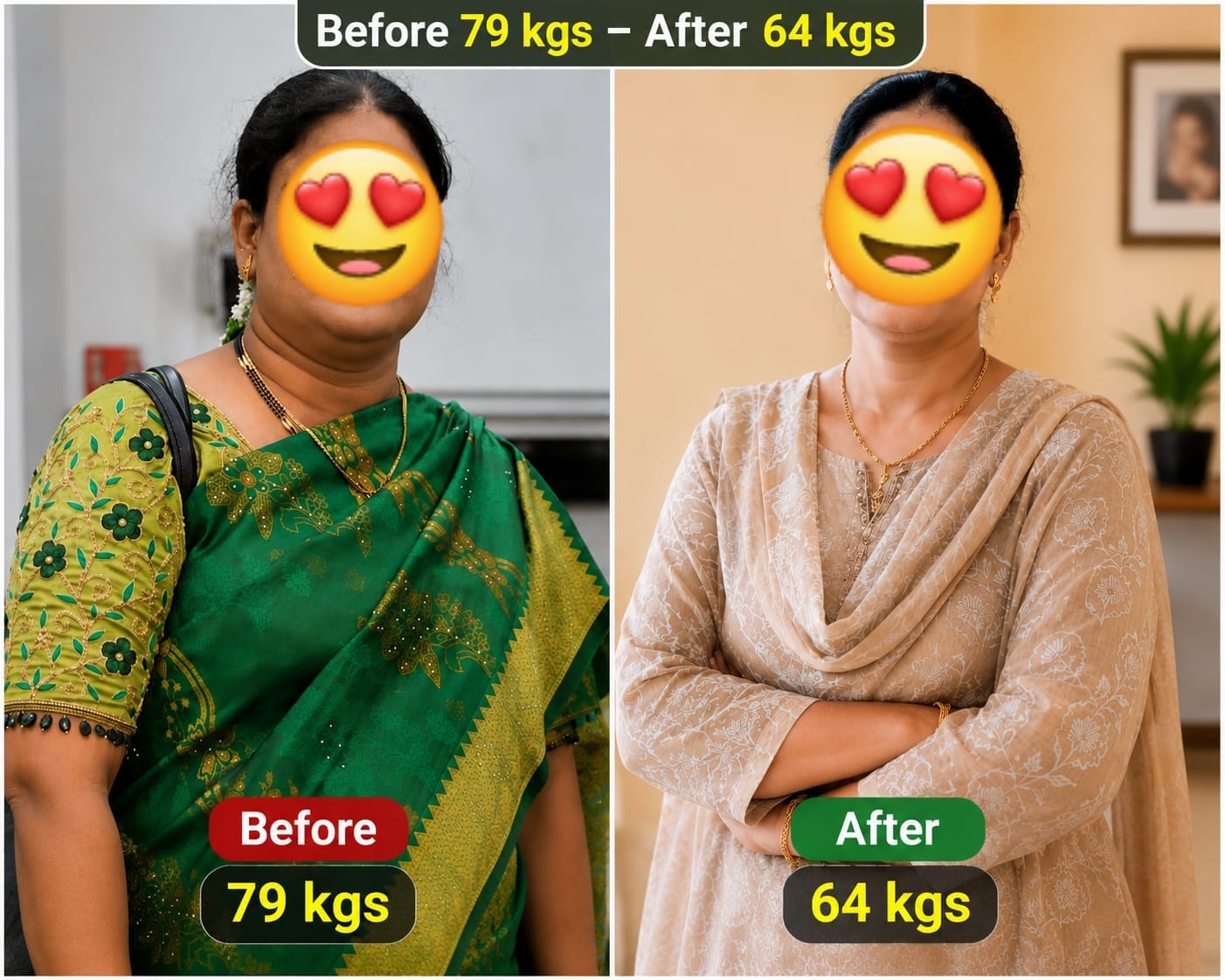 Before and after transformation — 79 kg to 64 kg